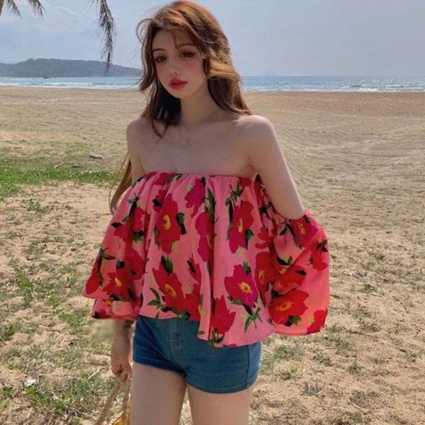 women's blouses & shirts summer off shoulder women sweet print seaside holiday shirt female short, White
women's blouses & shirts summer off shoulder women sweet print seaside holiday shirt female short, White