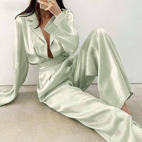 women's two piece pants ladies fashion elegant two-piece loose professional pleated long-sleeved shirt temperament satin trousers for w, White
women's two piece pants ladies fashion elegant two-piece loose professional pleated long-sleeved shirt temperament satin trousers for w, White