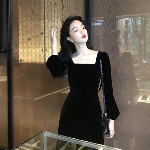 casual dresses black gold velvet french retro dress autumn temperament square collar waist was thinner in the long section hepburn style, Black;gray
casual dresses black gold velvet french retro dress autumn temperament square collar waist was thinner in the long section hepburn style, Black;gray