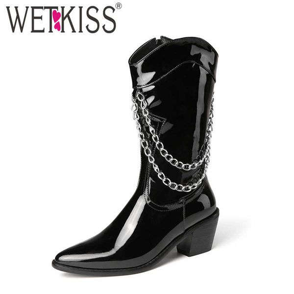 wetkiss women's patent leather mid calf boots pointed toe low block heel booties silver chain zipper western shoes 210630, Black
wetkiss women's patent leather mid calf boots pointed toe low block heel booties silver chain zipper western shoes 210630, Black