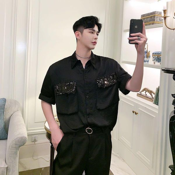 pocket sequined personalized shirt men korean fashion loose casual harajuku streetwear hip-hop short-sleeved men's shirts, White;black
pocket sequined personalized shirt men korean fashion loose casual harajuku streetwear hip-hop short-sleeved men's shirts, White;black