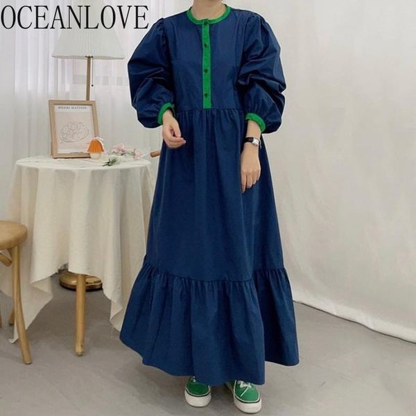 casual dresses oceanlove autumn vestidos puff sleeve vintage korean chic loose long contrast color 2021 ruffles elegant women dress, Black;gray 
casual dresses oceanlove autumn vestidos puff sleeve vintage korean chic loose long contrast color 2021 ruffles elegant women dress, Black;gray