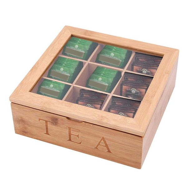 9-grid bamboo tea storage box with transparent lid black bag coffee candy container bottles & jars
9-grid bamboo tea storage box with transparent lid black bag coffee candy container bottles & jars