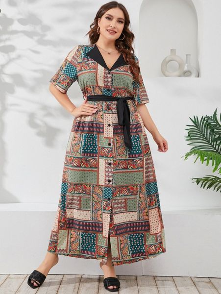 plus patchwork print belted shirt dress a9f1#, Black