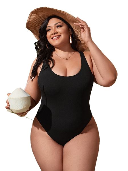 plus solid one piece swimsuit 6421#, White;black