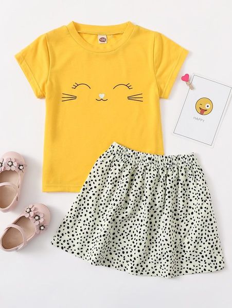 toddler girls cartoon graphic tee & confetti print skirt she01, White 
toddler girls cartoon graphic tee & confetti print skirt she01, White