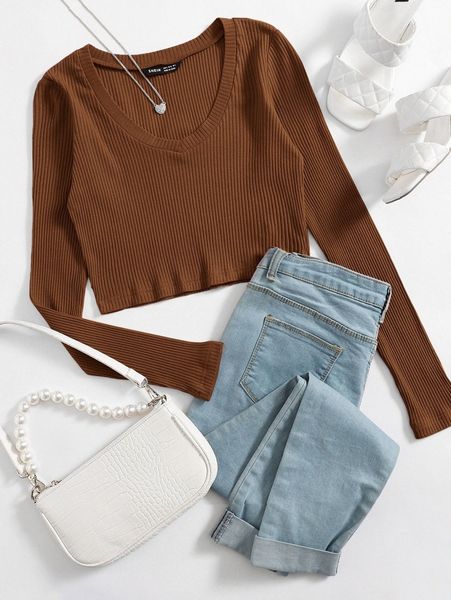 v neck rib-knit crop y076#, White 
v neck rib-knit crop y076#, White