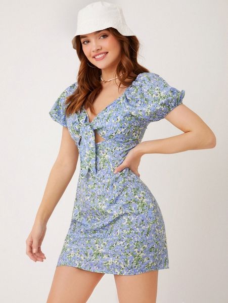 floral puff sleeve tie front dress 01zp#, Black;gray
floral puff sleeve tie front dress 01zp#, Black;gray