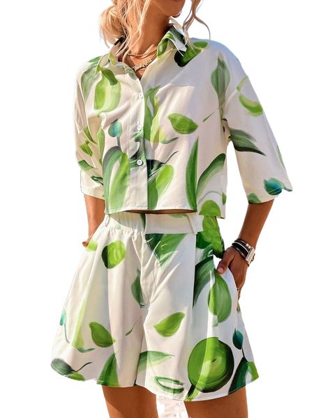 random plant print drop shoulder blouse & shorts b3g9#, White
random plant print drop shoulder blouse & shorts b3g9#, White