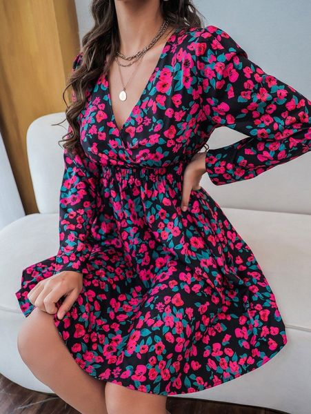 floral print surplice neck elastic waist dress l3zw#, Black;gray
floral print surplice neck elastic waist dress l3zw#, Black;gray