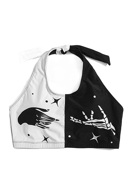 plus skeleton print two tone tie back halter bikini 50f0#, Black
