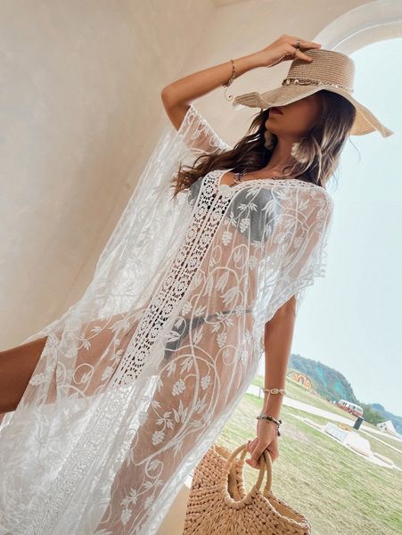 floral embroidery cover up 23ej#, White;black 
floral embroidery cover up 23ej#, White;black