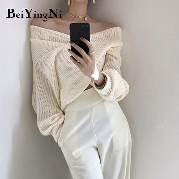 fashion knitted sweater women solid color cross vneck off shoulder jumper femme winter clothes knitwear ladies 210427, White;black
fashion knitted sweater women solid color cross vneck off shoulder jumper femme winter clothes knitwear ladies 210427, White;black