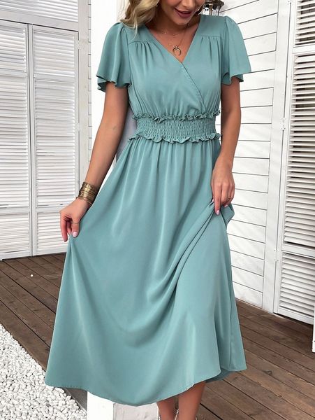 shirred waist frill trim butterfly sleeve dress o0vm#, Black;gray 
shirred waist frill trim butterfly sleeve dress o0vm#, Black;gray