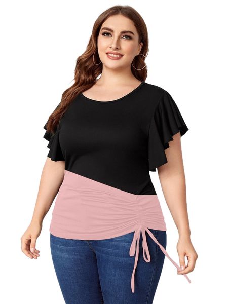 plus two tone butterfly sleeve drawstring front tee n7pp#, Black