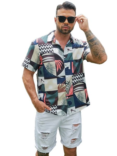 extended sizes men patchwork print shirt 38lg#, White;black