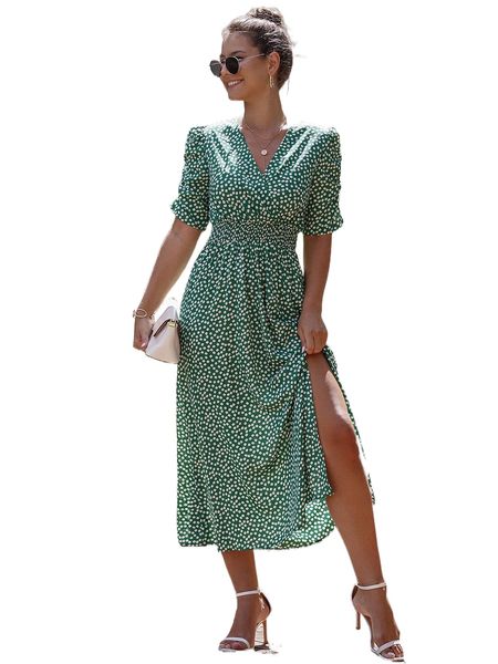 ditsy floral puff sleeve shirred waist split thigh dress k59t#, Black;gray 
ditsy floral puff sleeve shirred waist split thigh dress k59t#, Black;gray