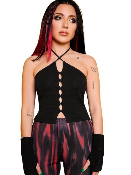 x niki demar ladder cut out split hem tie backless halter knit q4dj#, White;black
x niki demar ladder cut out split hem tie backless halter knit q4dj#, White;black