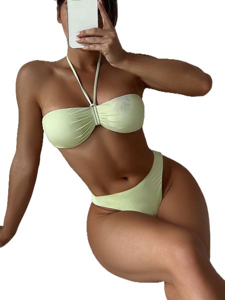 rib halter bikini swimsuit n5dj#, White;black