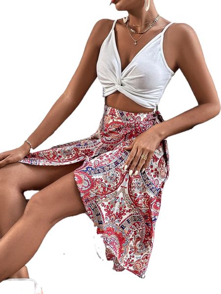 solid twist front cami & paisley wrap skirt k88l#, White
solid twist front cami & paisley wrap skirt k88l#, White
