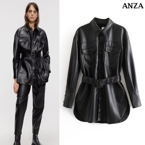za women pu jacket with belt button elegant coat femme spring summer high street pu outwear coat y201012, Black;brown
za women pu jacket with belt button elegant coat femme spring summer high street pu outwear coat y201012, Black;brown