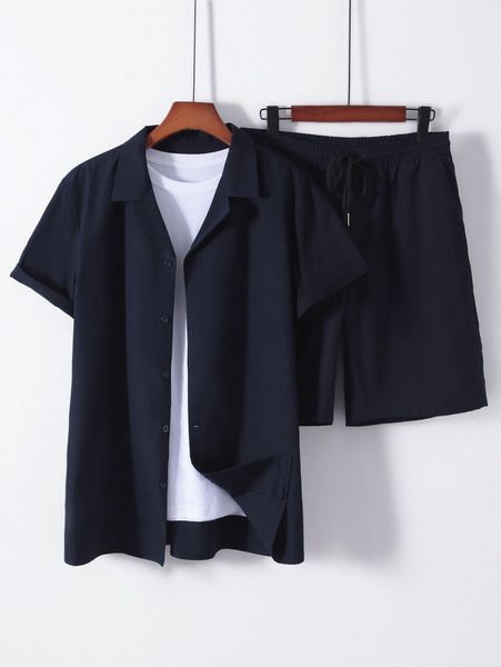 men solid lapel neck shirt & shorts q7gv#, Gray