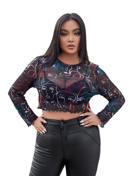 plus abstract figure graphic lettuce trim crop mesh without bra a0ba#, Black
plus abstract figure graphic lettuce trim crop mesh without bra a0ba#, Black