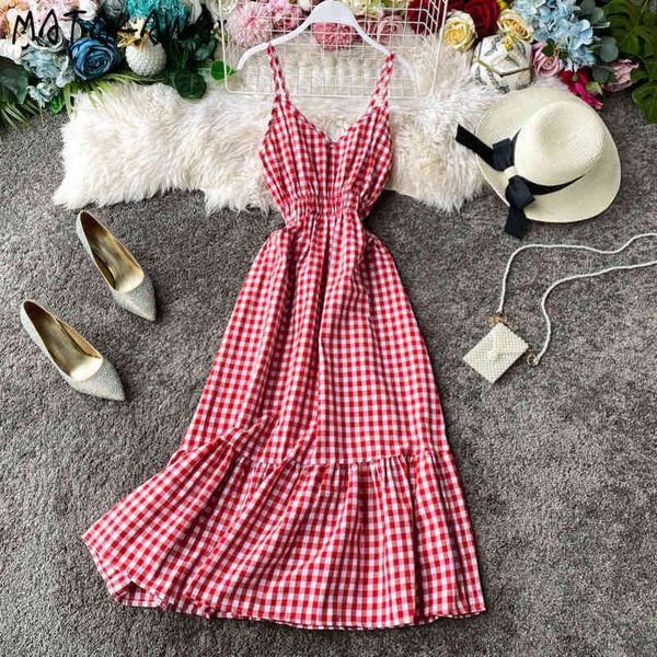 plaid spaghetti strap dresses for women beach holiday sundress ruffled sleeveless robes large hem vneck long vestidos 210506, Black;gray