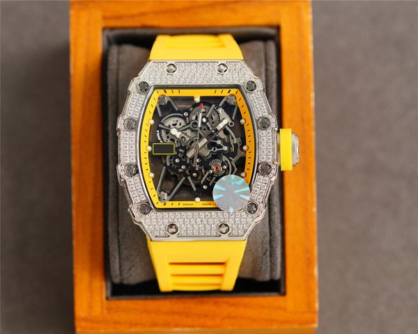 designer men's diamond watches automatic mechanical watch silver iced out clock yellow rubber strap, Slivery;brown
designer men's diamond watches automatic mechanical watch silver iced out clock yellow rubber strap, Slivery;brown