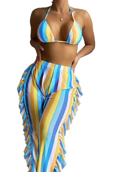 striped halter triangle bikini swimsuit with ruffle trim cover up y5hq#, White;black
striped halter triangle bikini swimsuit with ruffle trim cover up y5hq#, White;black