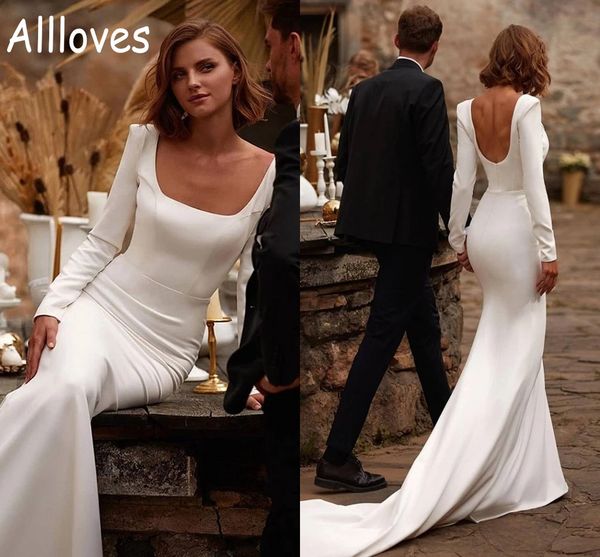 simple soft satin mermaid wedding gowns square neck long sleeves garden beach bridal dresses sweep train backless elegant vestidos de novia, White
simple soft satin mermaid wedding gowns square neck long sleeves garden beach bridal dresses sweep train backless elegant vestidos de novia, White
