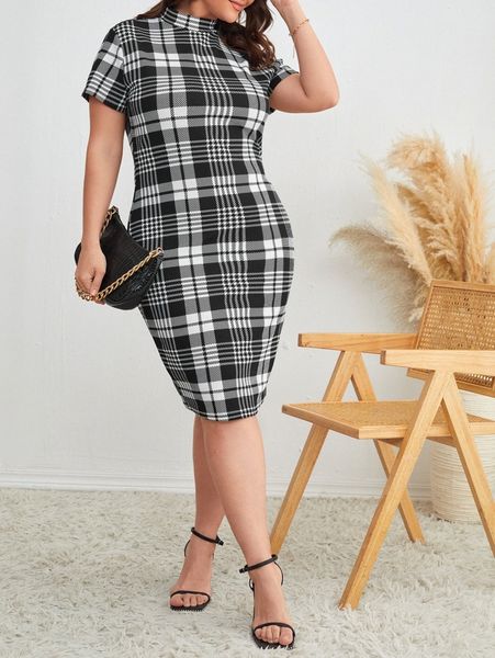 plus mock neck plaid bodycon dress k5vo#, Black