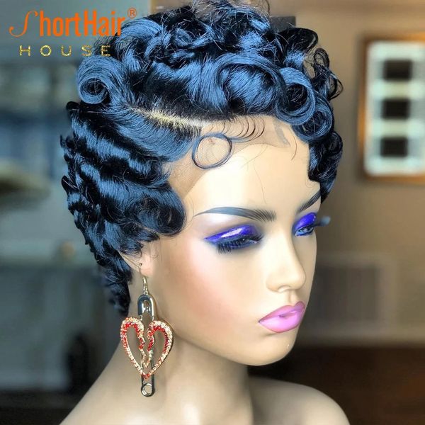 

short bob pixie cut human hair wig black/blonde/brown colored curly none lace frontal wigs for women, Black;brown