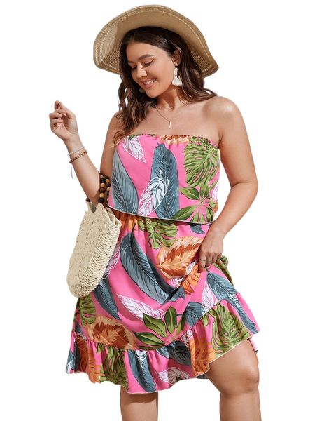 plus tropical print ruffle hem tube dress s46z#, Black