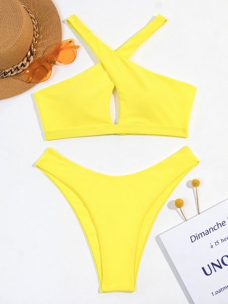 plain cross high cut bikini swimsuit y6vq#, White;black 
plain cross high cut bikini swimsuit y6vq#, White;black