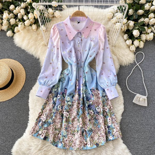 french retro 2022 spring new gradient print dress ladies lapel long sleeve single breasted waist a-line skirt short skirt, Black;gray
french retro 2022 spring new gradient print dress ladies lapel long sleeve single breasted waist a-line skirt short skirt, Black;gray