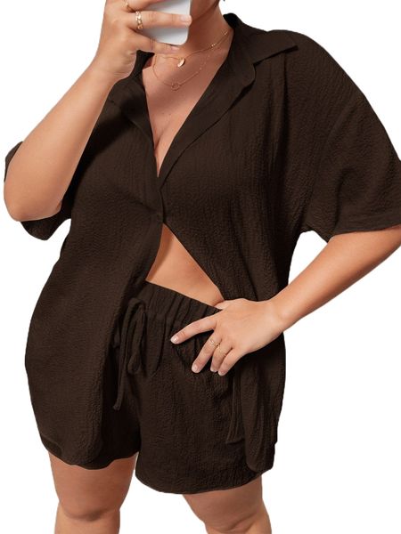 plus textured button front shirt & tie front shorts b15p#, Black