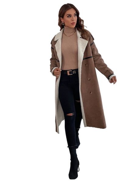 teddy lined double breasted suede coat q5oh#, Black 
teddy lined double breasted suede coat q5oh#, Black