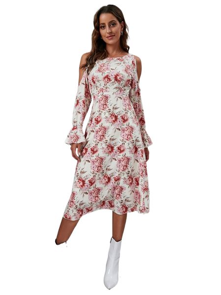 floral print cold shoulder flounce sleeve dress 02yp#, Black;gray