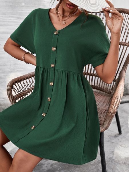 button detail batwing sleeve smock dress 31wx#, Black;gray