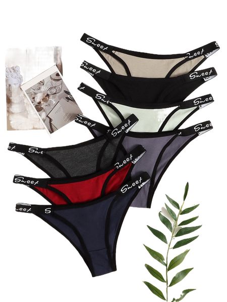 7pack letter graphic contrast binding panty l4zo#, Black;red