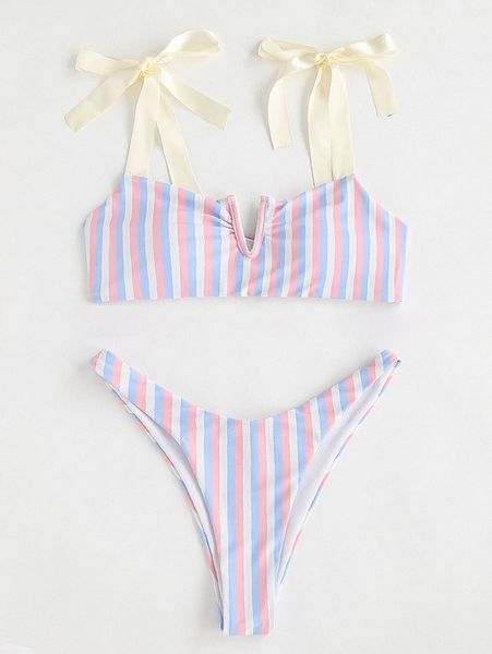 striped knot shoulder v wired bikini swimsuit 53at#, White;black
striped knot shoulder v wired bikini swimsuit 53at#, White;black