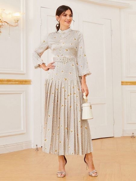 polka dot & floral print flounce sleeve pleated hem buckle belted dress q2bd#, Black;gray
polka dot & floral print flounce sleeve pleated hem buckle belted dress q2bd#, Black;gray
