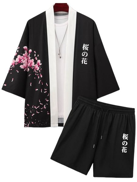 men floral & japanese letter kimono & shorts without tee b1j1#, Gray