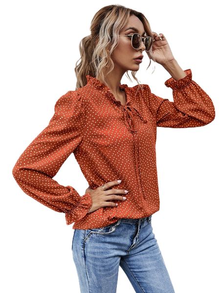 all over print tie neck flounce sleeve blouse v0ww#, White