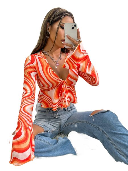 marble print trumpet sleeve knot front ruffle hem crop tee a4y1#, White 
marble print trumpet sleeve knot front ruffle hem crop tee a4y1#, White