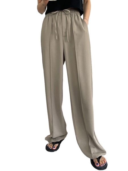 dazy shirred waist tie front tailored pants t8kv#, Black;white