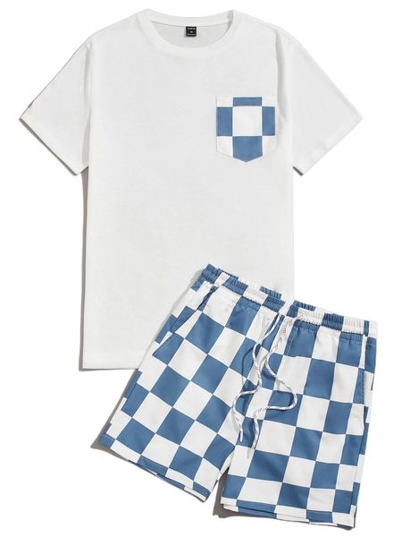 men plaid print pocket patched tee & drawstring waist shorts 73hh#, Gray 
men plaid print pocket patched tee & drawstring waist shorts 73hh#, Gray