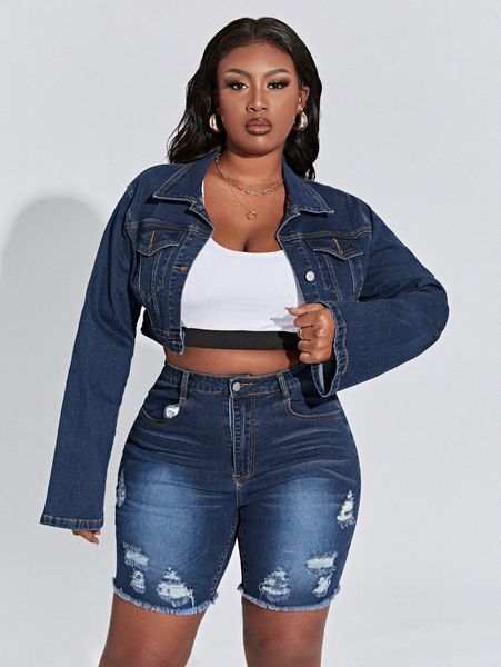 plus crop denim jacket & ripped frayed raw hem denim shorts x272#, White
plus crop denim jacket & ripped frayed raw hem denim shorts x272#, White
