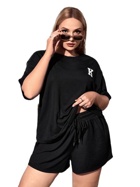 plus letter graphic drop shoulder tee & drawstring shorts x5ls#, Black